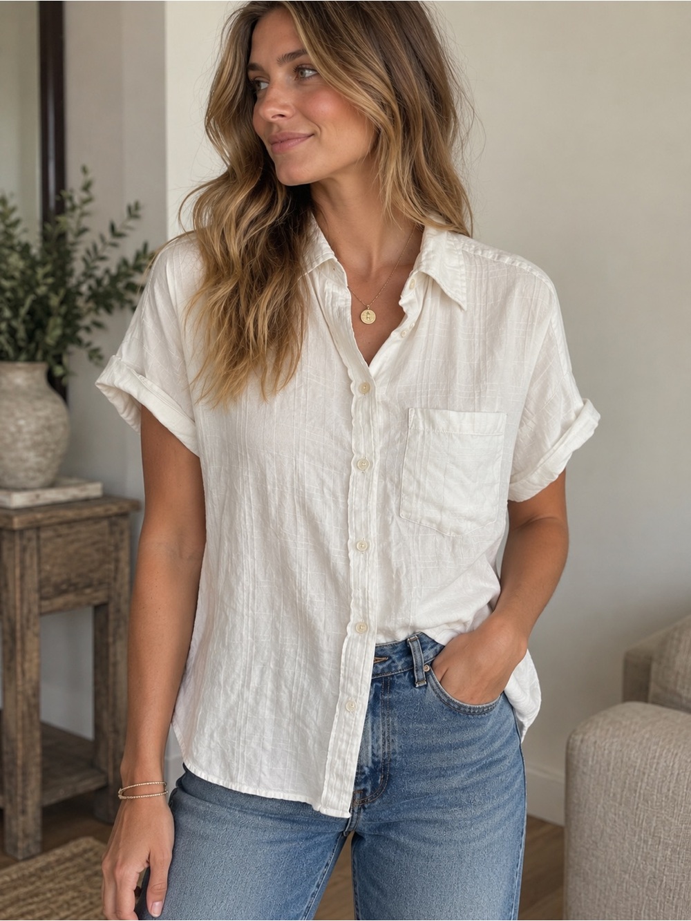 Ralph Lauren Cream Short-Sleeve Button Down Shirt